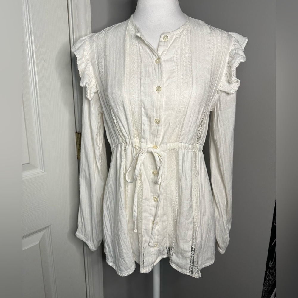 Urban Outfitters, Lace Button down, Drawstring, long sleeves, white, XS